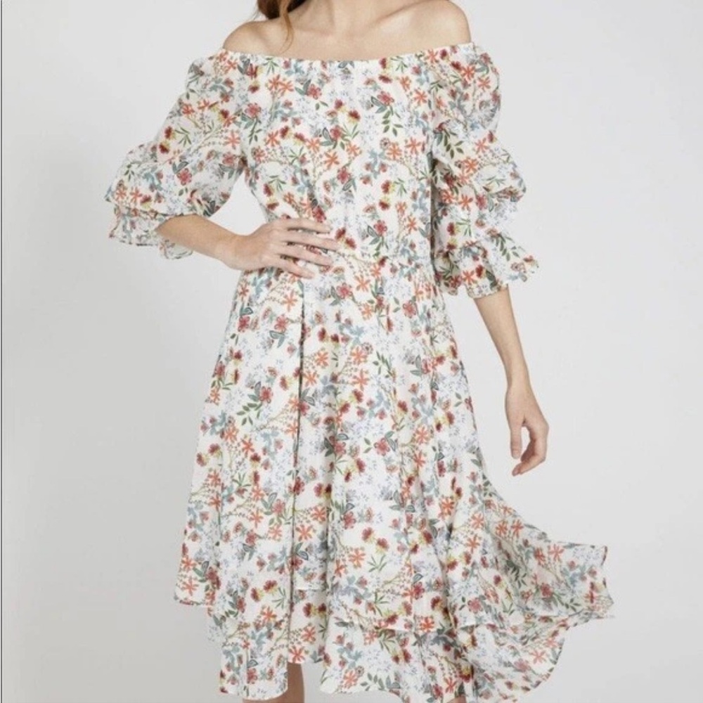 Alice + Olivia Multicolor Floral Off-Shoulder Midi Dress